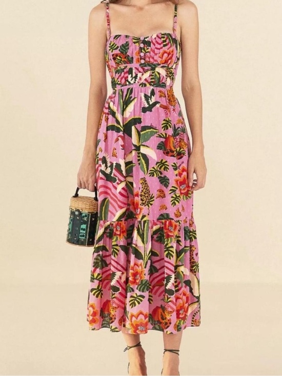FARM Rio Dresses & Skirts - 🐅Farm Rio for Anthropologie Pink Forest Print Midi Open Back Summer Dress Large